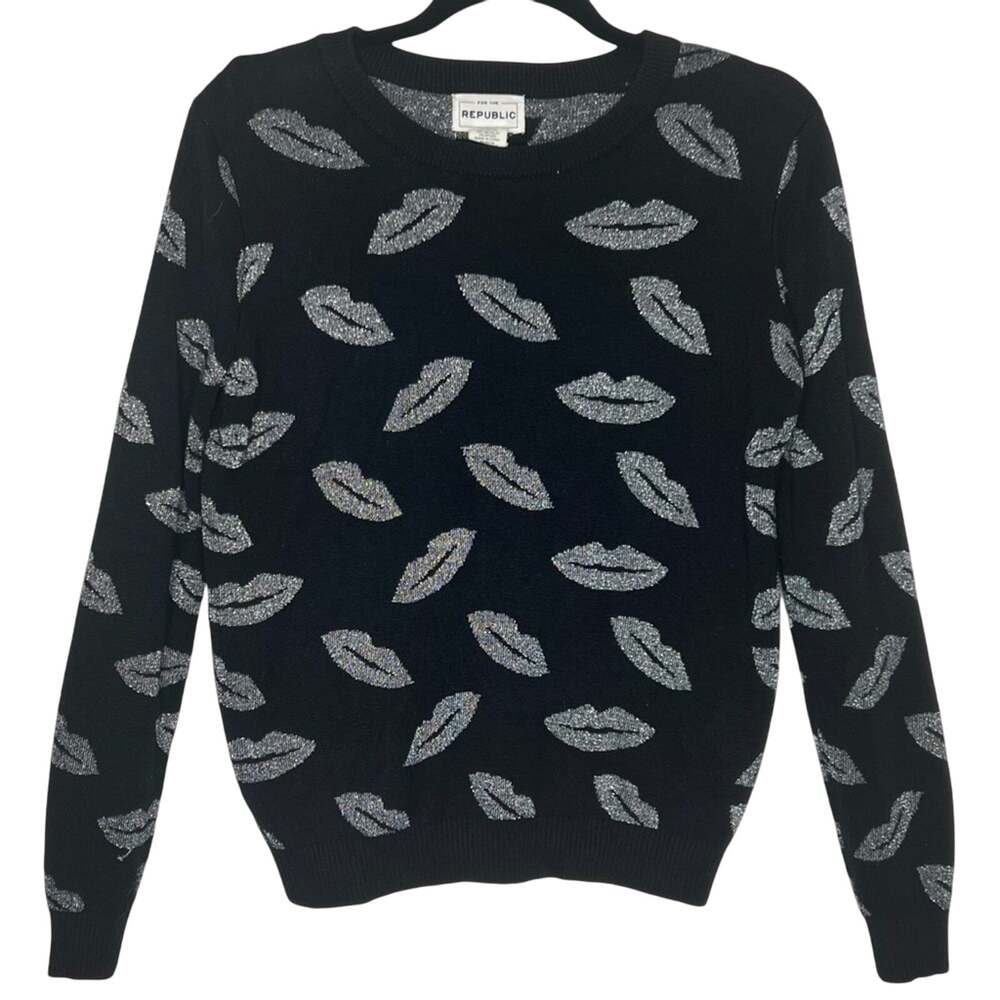 Vintage For The Republic Black Silver Lips Sweater M Y2K Whimsigoth Metallic